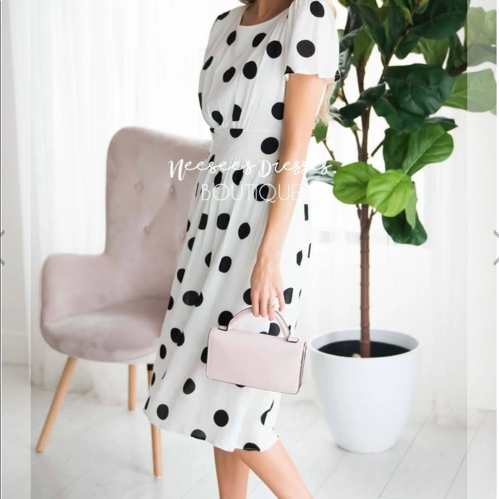 Beautiful white dress with black polka dots